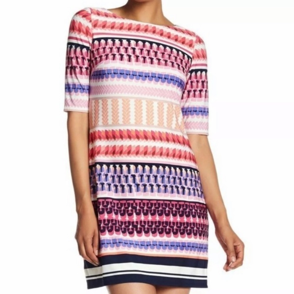 ELIZA J Geometric Print Short Sleeve Pullover Shift Dress Size 2
